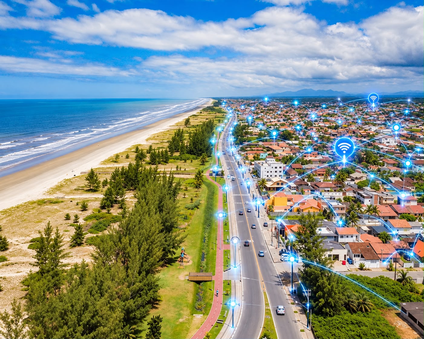 Vista aérea da avenida à beira-mar em Ilha Comprida com ícones de conexão Wi-Fi